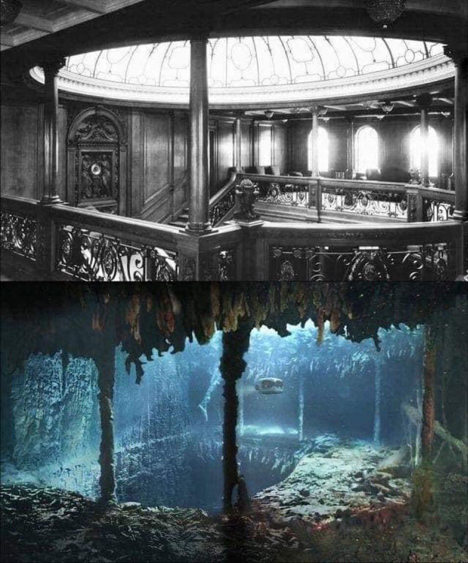CreepyKnowledge's tweet image. The incredible grand staircase of Titanic before and after the ship sank.