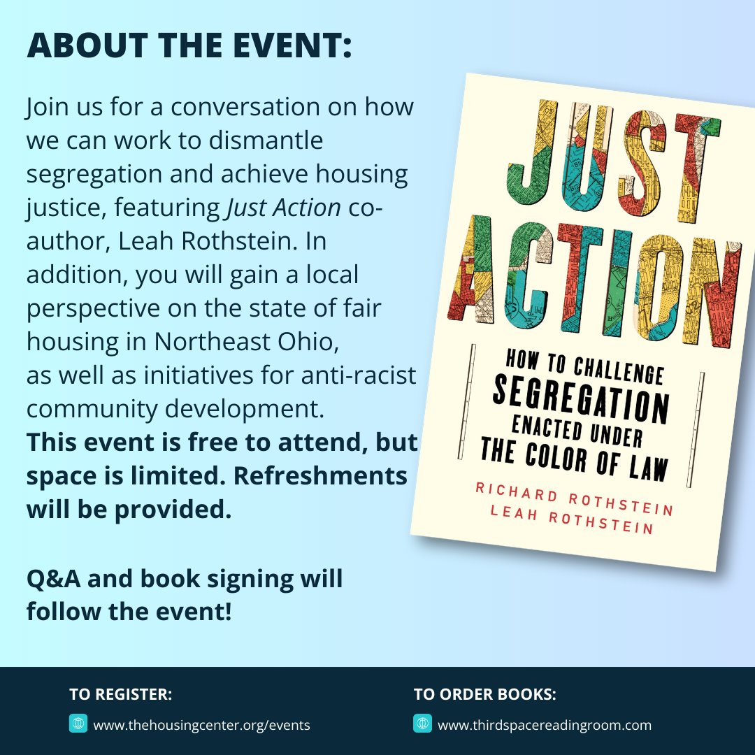 We're partnering with @housingcenter for a special author talk with Leah Rothstein, co-author of 'Just Action.' Join us on May 7th in The Reading Room, 1464 East 105th St. Cleveland, OH 44108. RSVP Here: lp.constantcontactpages.com/ev/reg/hc9ue7q
