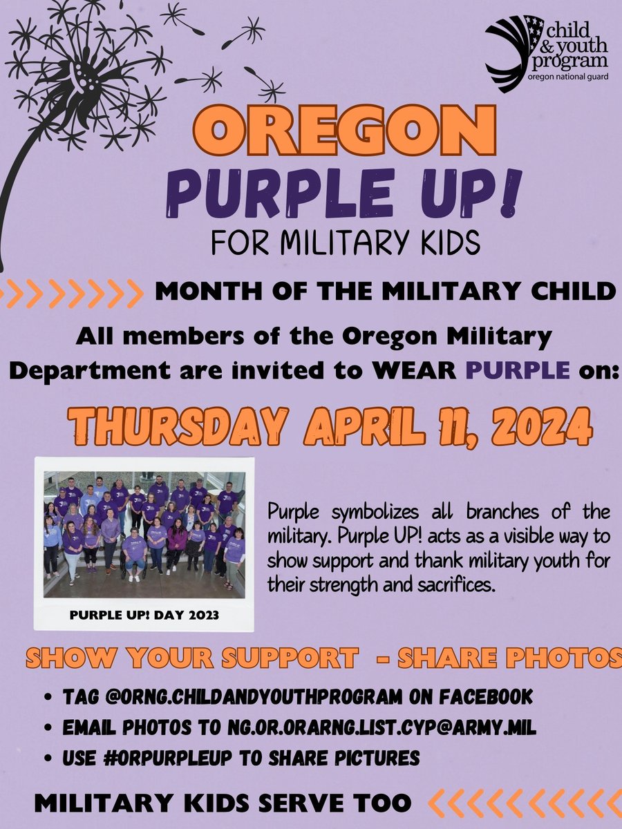 Purple Up! Day is this Thursday 11 April. Service Member Family Support and TAG encourage everyone in the Oregon Military Department to wear purple as a visible way to show support and thank military children for their strength and sacrifices. #ORpurpleup