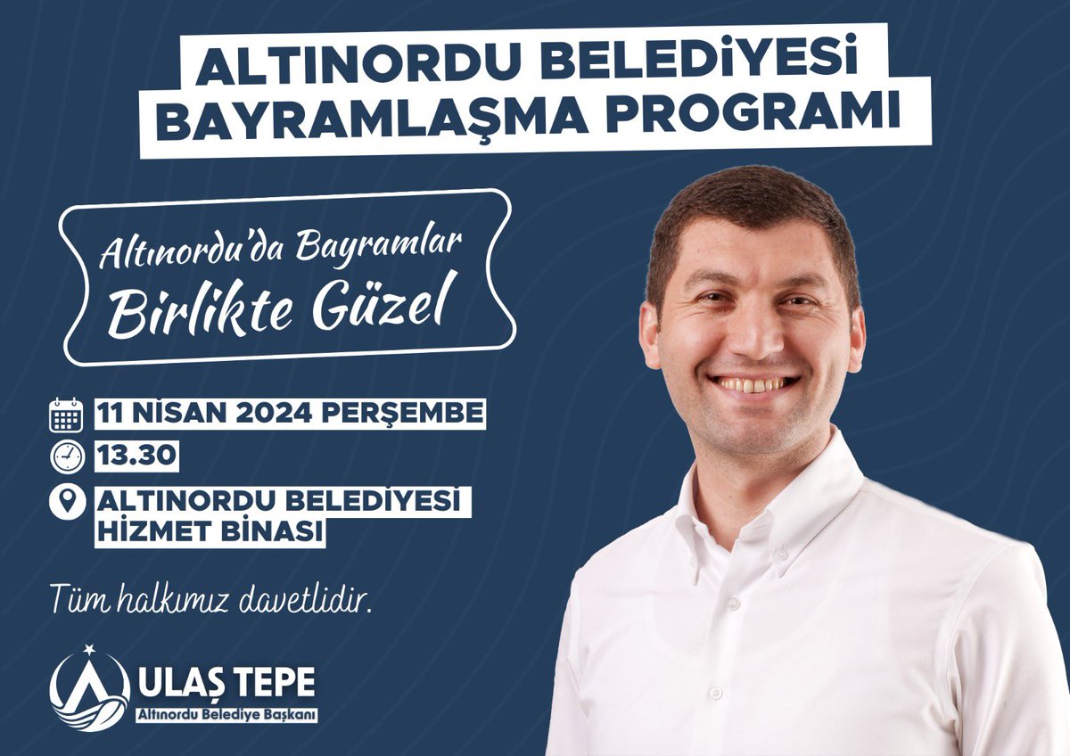 ALTINORDU BELEDİYESİ BAYRAMLAŞMA PROGRAMI 🫂🍬 Altınordu'da bayramlar birlikte güzel. Hemşehrilerimizle bu güzelliği doyasıya yaşayalım istiyoruz.😊 Gerçekleştireceğimiz bayramlaşma programına tüm halkımız davetlidir. 🗓️ 11 Nisan 2024 Perşembe ⏰ 13.30 📍Altınordu Belediyesi…