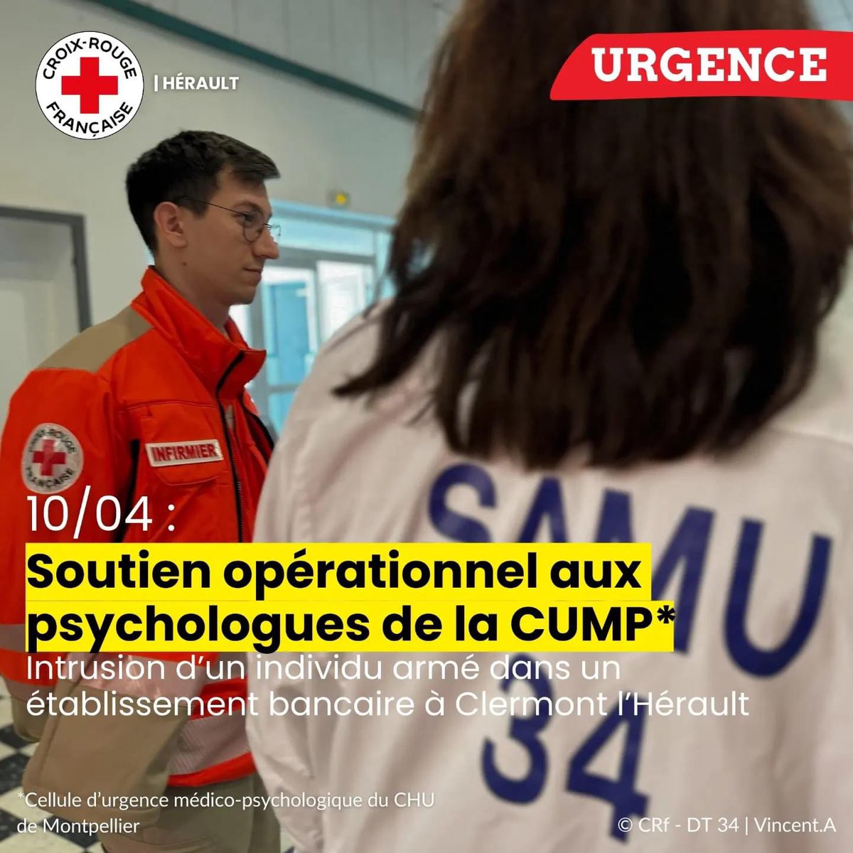 CroixRouge34's tweet photo. Dans le cadre de la convention entre la @CUMP34 &amp; la @CroixRouge34, nos bénévoles étaient engagés cet après-midi en soutien opérationnel aux intervenants hospitaliers.

La CUMP 34 était engagée suite à l’intrusion d’un individu armé dans un établissement bancaire. https://t.co/O7SLTxJ4Wd