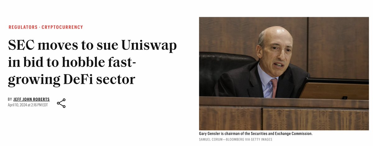 This is the big one folks.

Massive escalation by the SEC and whitehouse. Uniswap is a poster child for crypto decentralization - instead of celebrating <a href="/haydenzadams/">Hayden Adams 🦄</a> as a generational entrepreneur they're taking him to court.

A war on crypto is a war on the internet.