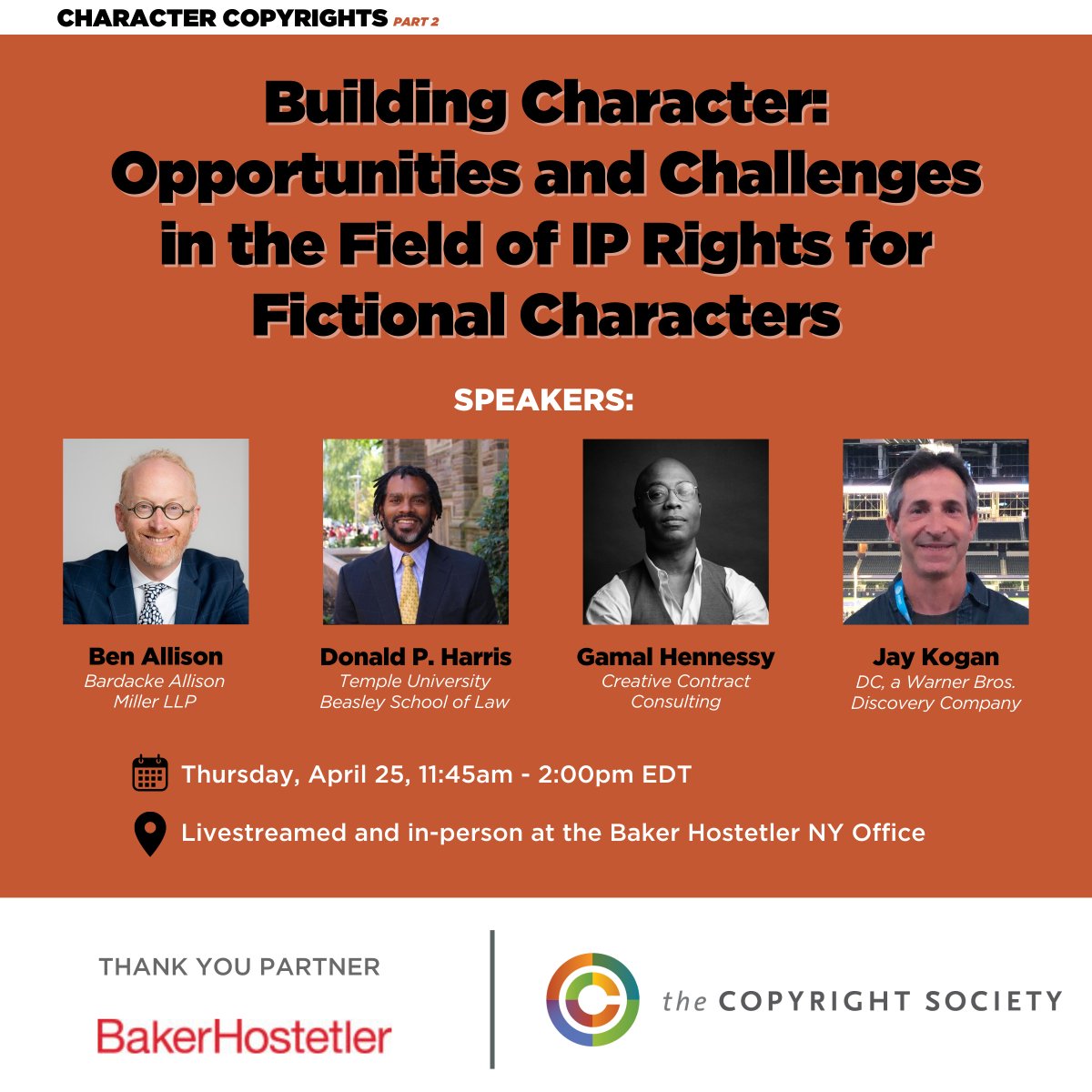 Join Ben Allison(Bardacke Allison Miller LLP), Donald P. Harris (@TempleLaw), @gamalhennessy (Creative Contract Consulting), and Jay Kogan (@wbd) for a lunch-time roundtable discussion about #characterprotection. ➡️copyrightsociety.org/event/characte…