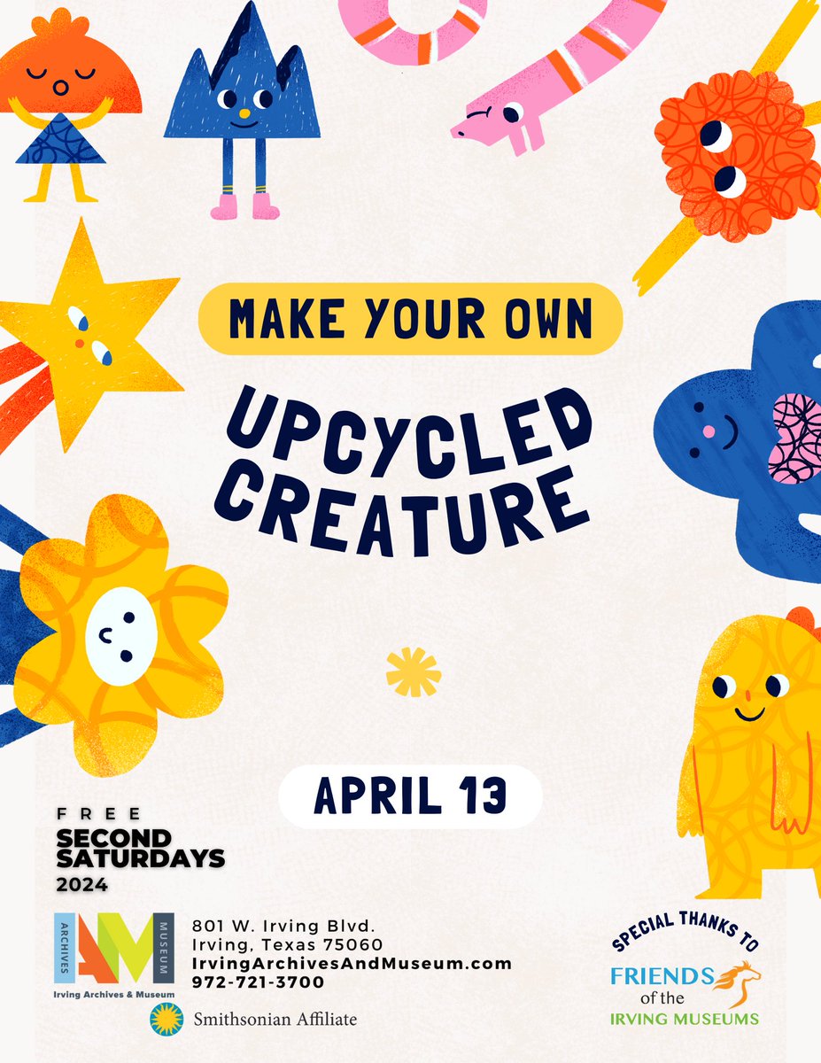 In celebration of #EarthDay and our current exhibits on upcycled art, April's #SecondSaturday activity invites visitors to design their own 'upcycled creature' using recycled materials. Materials provided, just bring your imagination! April 13, 10am-4pm! #FREE! #thingstodo #dfw