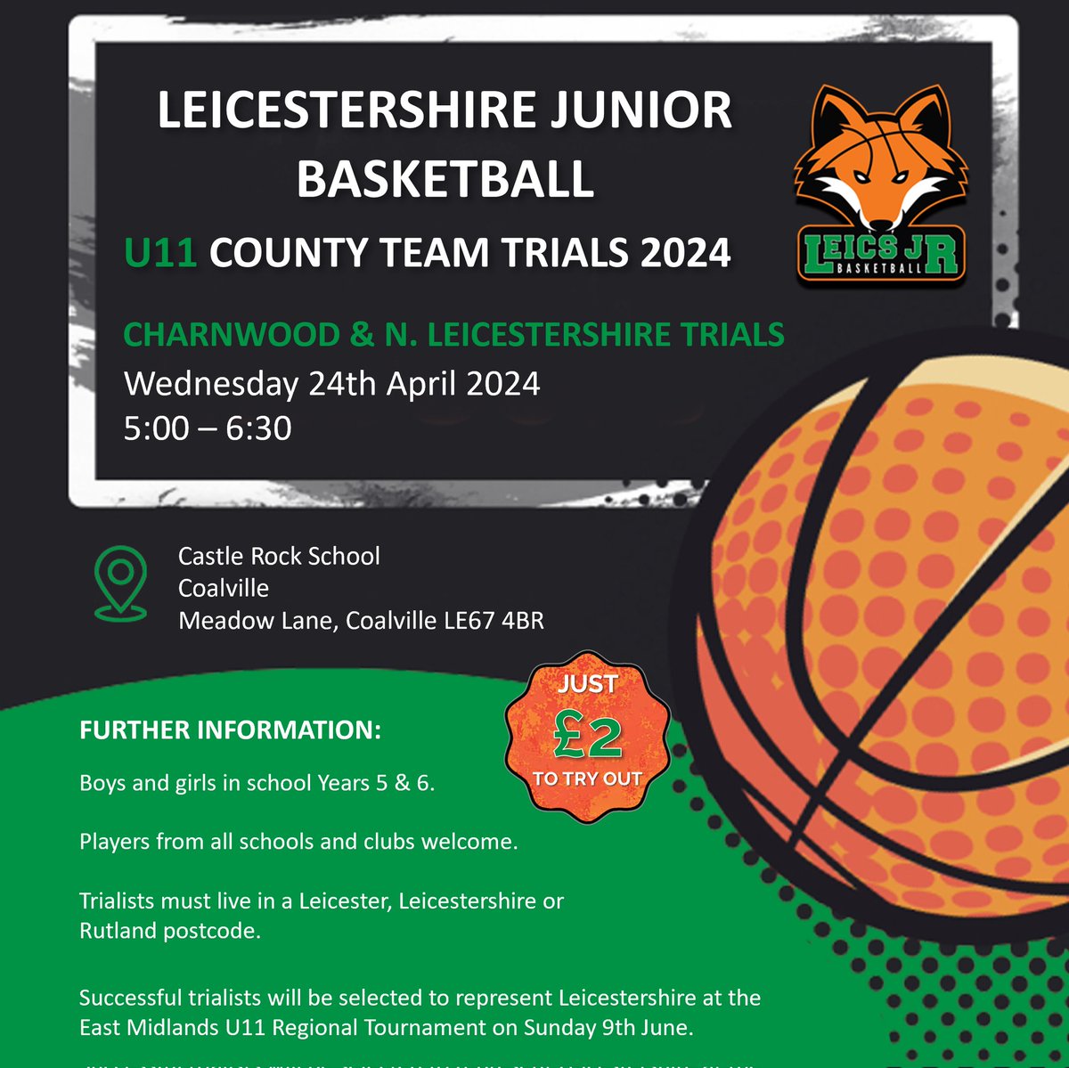 U11 COUNTY TEAM - NORTH LEICESTERSHIRE TRIALS For the first time ever, we're also hosting trials outside of Leicester! Basketballers from North Leicestershire and Charnwood can now sign up for our trials at Castle Rock School in Coalville. Sign up now using the link in our bio