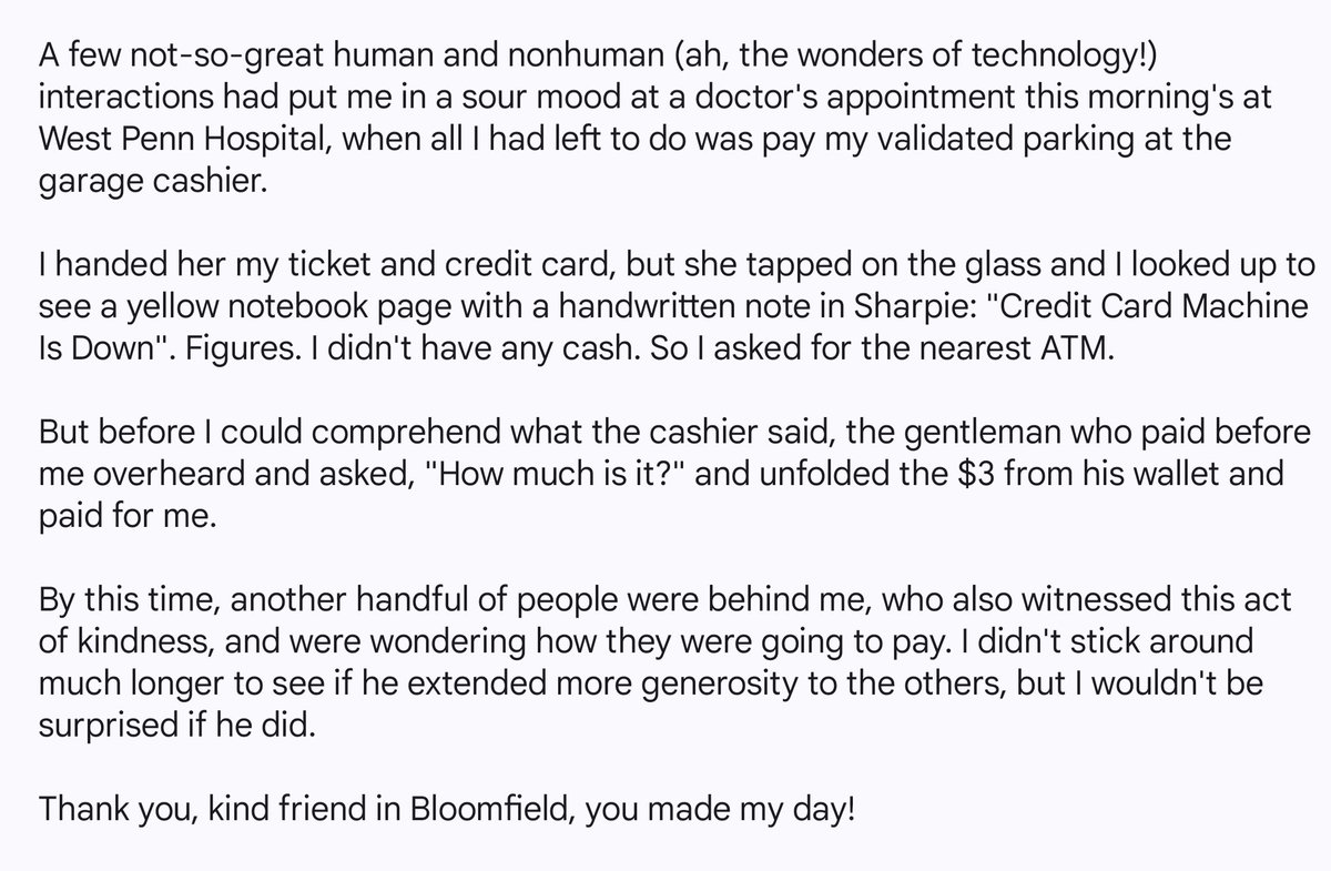 Thank you to the nice gentleman at the <a href="/AHNtoday/">AHN</a> West Penn parking cashier!

Instead of sending this to the <a href="/PittsburghPG/">Pittsburgh Post-Gazette</a> #RandomActOfKindness, I am posting here and gave to <a href="/ThePUPNews/">Pittsburgh Union Progress 📰</a> in his honor:
unionprogress.com/donate/