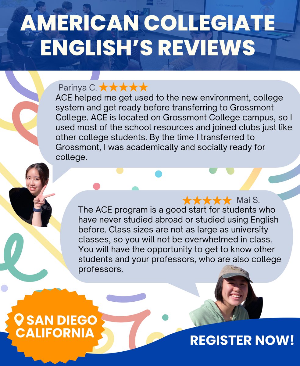 ACE_Grossmont's tweet photo. Reviews from former ACE students, both of them are now Grossmont College students.  Read more reviews on our Facebook page! #whatacestudentssay #studyinusa #languageschool #internationalstudents https://t.co/iRUMbJE4JB