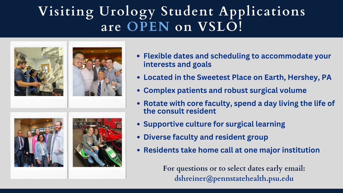 ICYMI: Sub-Internship applications are open via #VSLO for medical students interested in a rotation with us. Block dates are flexible, please email Danielle at dshreiner@pennstatehealth.psu.edu! #urology #UroSoMe