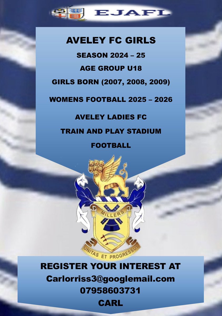 AVELEY FC WOMAN (@aveleywoman) on Twitter photo With next season round the corner we challenge the girls again playing up in the U18s. Play & train on our beautiful stadium with a great group. looking to grow the squad.Register interest give us an email or message. <a href="/AveleyFC/">Aveley Football Club</a> <a href="/Sons_of_Aveley/">Sons of Aveley</a> <a href="/AveleyVillage/">Our Aveley</a> <a href="/EssexCountyFA/">Essex County FA</a> With next season round the corner we challenge the girls again playing up in the U18s. Play & train on our beautiful stadium with a great group. looking to grow the squad.Register interest give us an email or message. <a href="/AveleyFC/">Aveley Football Club</a> <a href="/Sons_of_Aveley/">Sons of Aveley</a> <a href="/AveleyVillage/">Our Aveley</a> <a href="/EssexCountyFA/">Essex County FA</a>