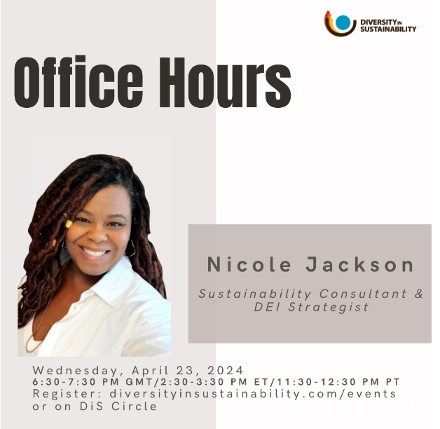 Join Diversity in Sustainability founder,
@heatherkmak for "Office Hours" chat featuring Monarch PSG's Principal Sustainability Consultant, Nicole Jackson. Get insights into her career and have your career-related questions answered. #Sustainability tinyurl.com/DiSOfficeHours