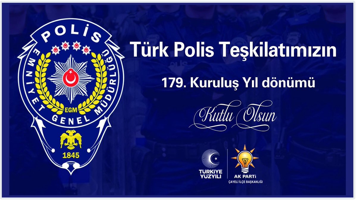 Huzurun ve güvenliğimizin teminatı Kahraman Türk Polis Teşkilatı'mızın 179. Kuruluş Yıl Dönümü ve Polis Haftası kutlu olsun. #rize #AKParti