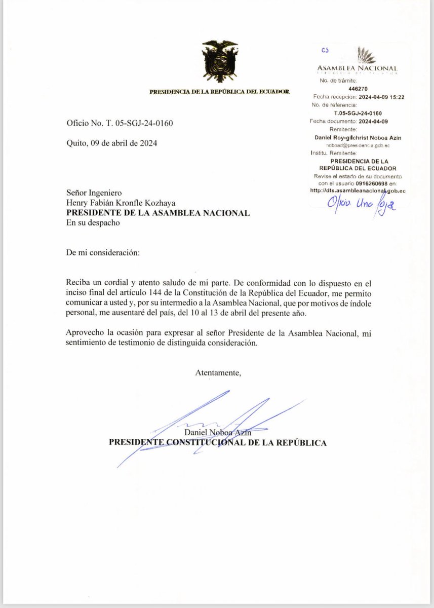 Aaaaand the President of Ecuador has just announced that he is leaving the country — “for personal reasons” — amid its largest diplomatic scandal in decades 🤡