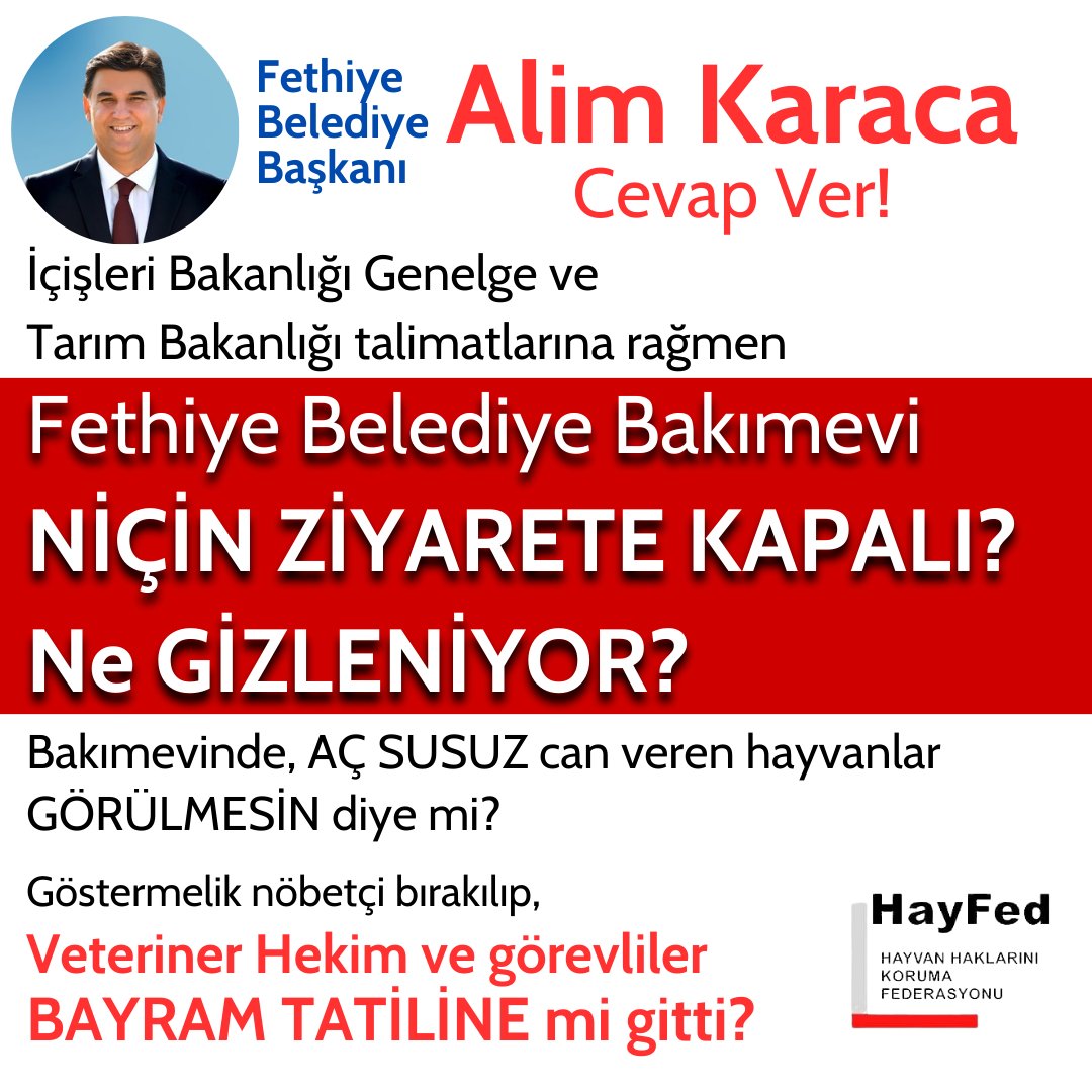 .@fethiyebelediye Bşk @alimkaraca48 Cevap Ver @TC_icisleri Genelge ve @TCTarim talimatlarına rağmen Bakımevi NİÇİN KAPALI? Aç,susuz can veren hayvanlar görülmesin diye mi? Veterinerlik ekibi BAYRAM TATİLE Mİ GİTTİ? @FethiyeChp @fethiyegovtr @IHErtas @tcmuglavaliligi @idrisakbiyik