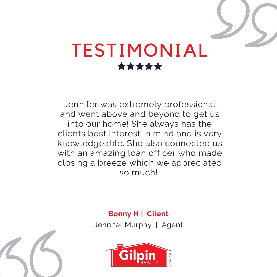 'Jennifer was extremely professional and went above and beyond to get us into our home! She always has the clients best interest in mind and is very knowledgeable...' - Bonny H
.
.
.
#GilpinRealty #Snohomish #RealEstate #HouseHunting #HomesForSale #Testimonial