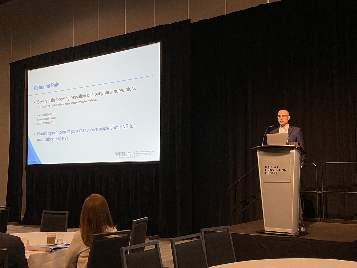 @DalAnesthesia fellow Dr. Dan Werry presenting their topic “Rebound Pain In Opioid-Tolerant Patients Following Peripheral Nerve Blockade For Ambulatory Surgery: A Retrospective Cohort Study” at #ANESRD24 @DalhousiePain