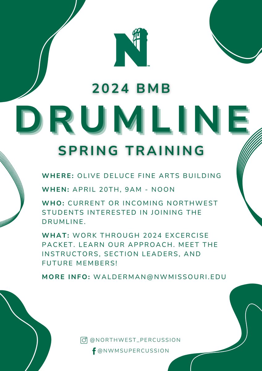 BMB Drumline Spring Training is April 20! All current or incoming @nwmostate students interested in joining the Drumline, check it out! @northwest_percussion @northwest_music #drumline #percussion #collegeband #marchingband