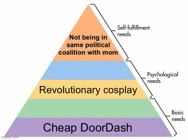 It helps to remember the top of Maslow’s Hierarchy of Leftist Needs is not being in the same political coalition as mom.