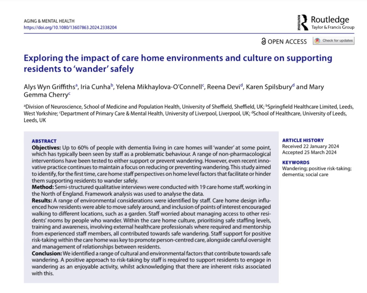 alysgriffiths_'s tweet photo. Publication day! ✨

Our latest paper looking at what is important for care home staff when supporting residents to wander safely.

To read more: https://t.co/ljWcvr8fma https://t.co/Q8YFyLT7y4
