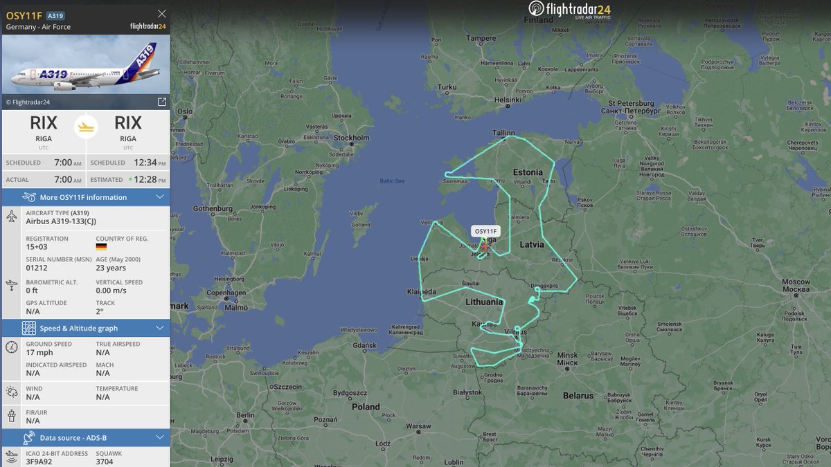 #Luftwaffe A319 seen on the flight radar earlier today, completing a lap around the baltic states, lithuania, latvia and tallinn, aircraft departure and return to riga latvia. #OSY11F #3F9A92