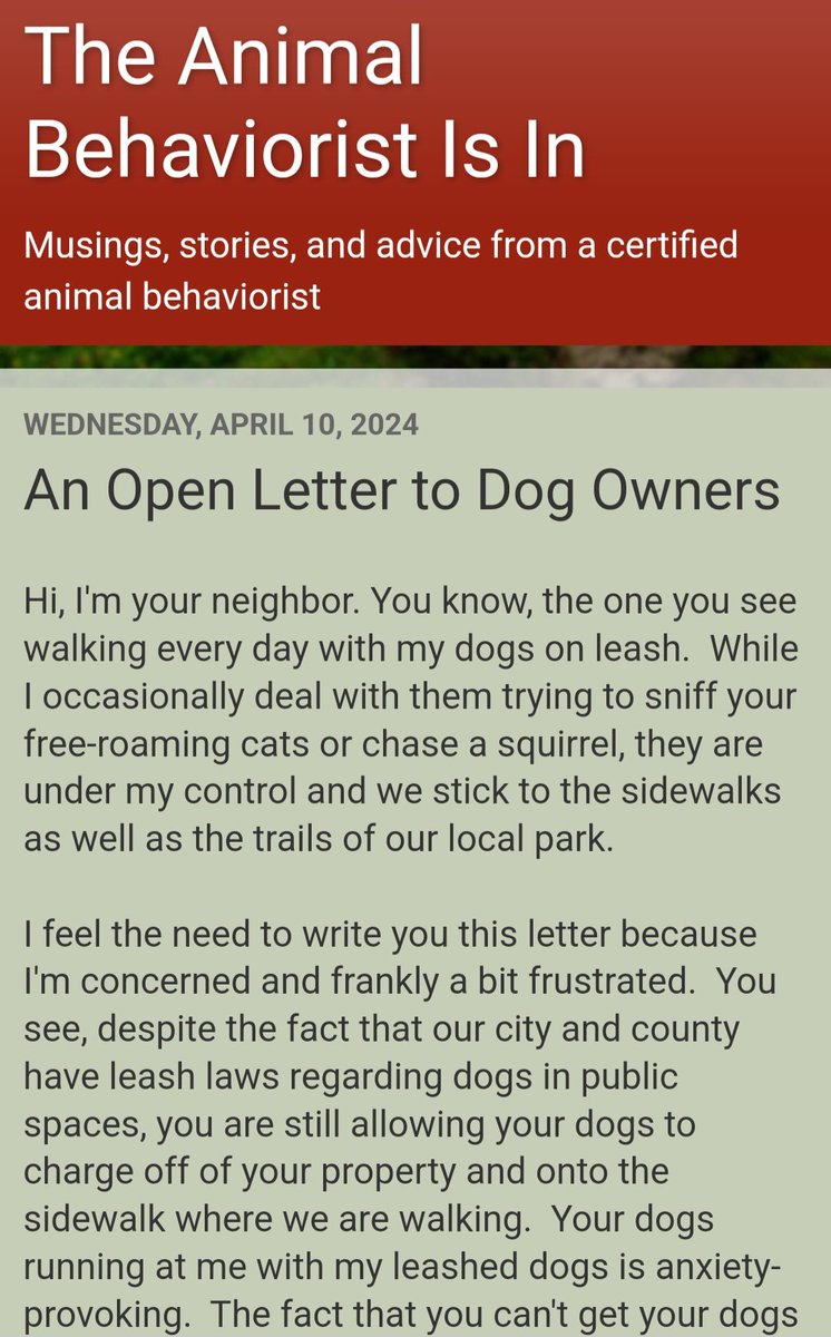 An open letter to dog owners. If these things are happening to you too, feel free to share and add your own experiences. We need to speak up for each other and make sure our dogs and our neighborhoods are safe. …liebondanimalbehaviorist.blogspot.com/2024/04/an-ope…