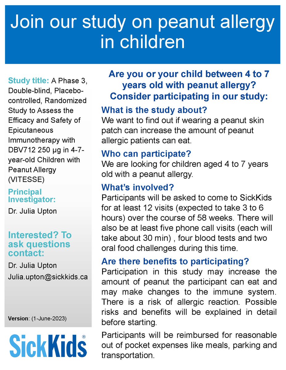 Is your child between 4-7 years old with a peanut #allergy? Join a #SKResearch study assessing if wearing a peanut skin patch may increase the amount of peanuts patients with allergies can eat. 🥜Interested? Contact: julia.upton@sickkids.ca