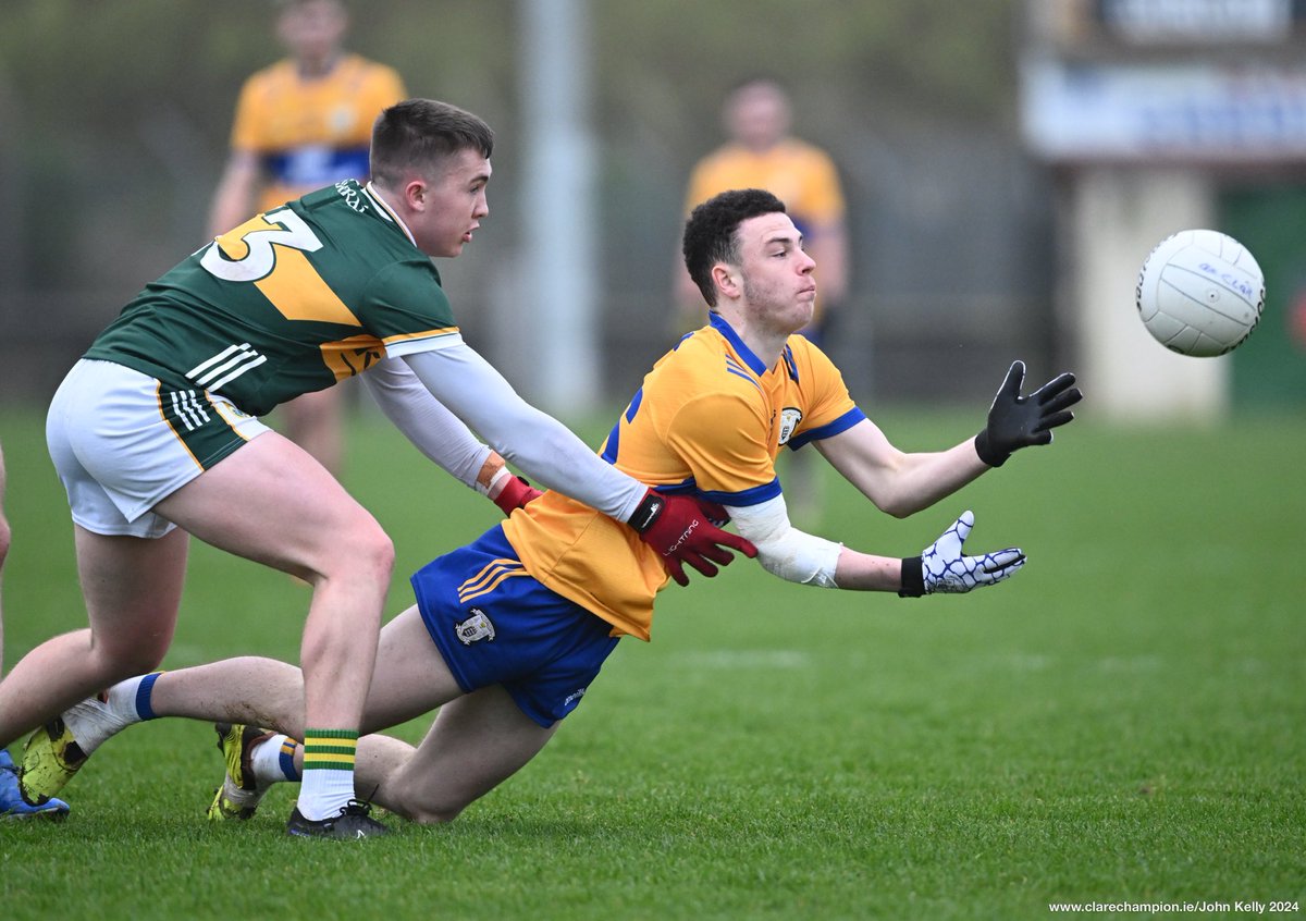 Tom Curran of Clare  in action against Cormac Dillon of Kerry during their Munster U-20 Championship game at Quilty. The score at half-time is @GaaClare 0-05, @Kerry-Official 1-02 . Photograph by John Kelly.  #GAA  #whereweallbelong ⁦@MunsterGAA⁩