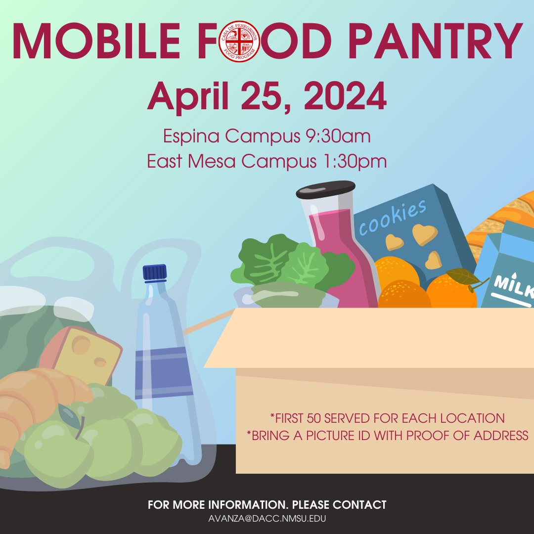 If you are in need of food please visit our mobile food pantry at the following locations. April 25, 2024. Bring a picture ID & proof of address. Espina Campus 9:30am East Mesa Campus 1:30pm Please contact avanza@dacc.nmsu.edu for more information #WeAreDACC