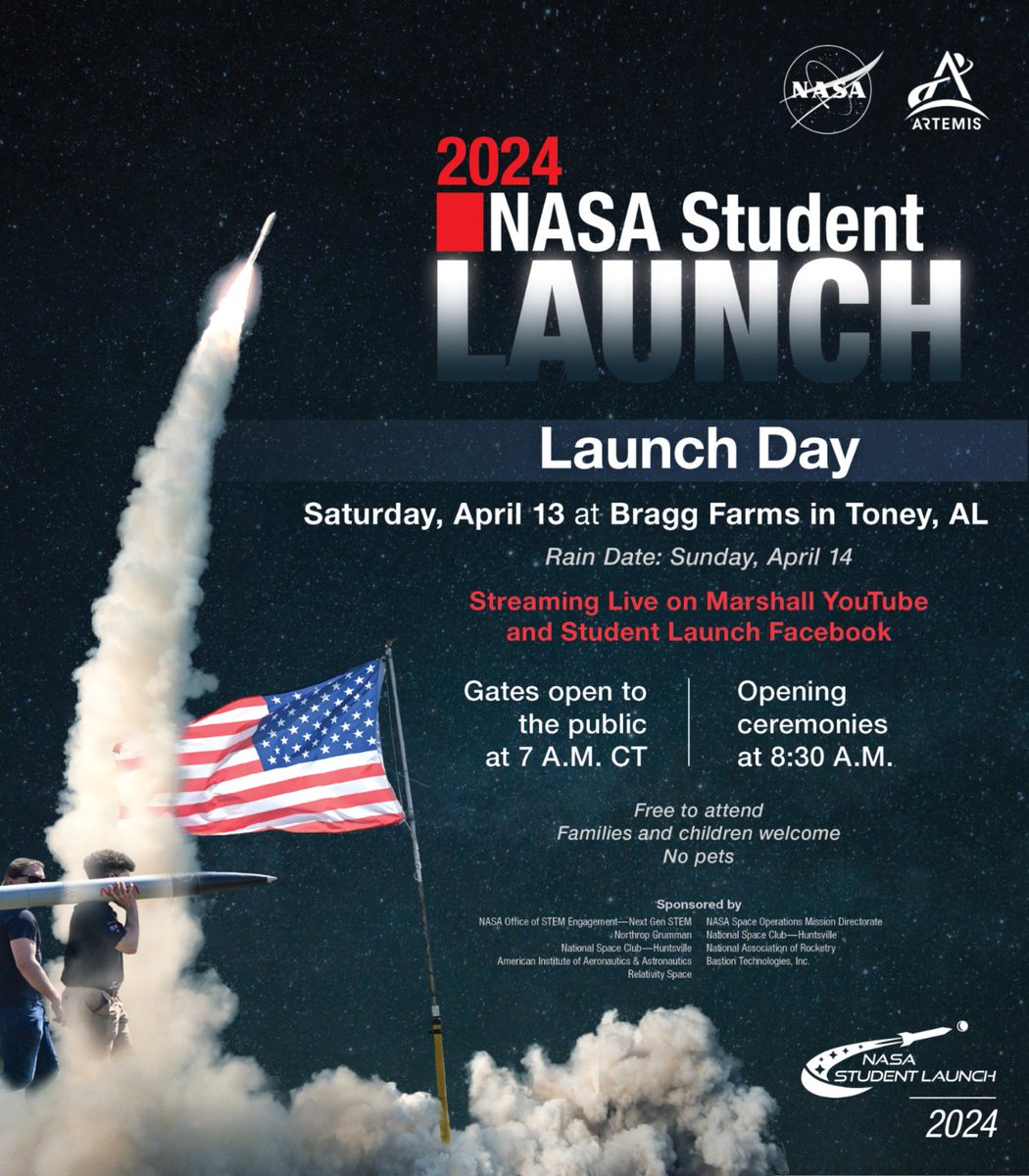 Safe travels to #StudentLaunch teams headed to the Rocket City! Can't make it in person? We'll be livestreaming Launch Day on NASA Marshall YouTube and Student Launch Facebook. Tune in Saturday, April 13, at 8:30 a.m. CDT. 🚀📹 More details >> go.nasa.gov/4aMqtsx