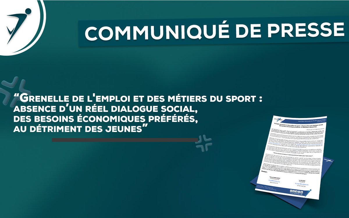 ANESTAPS's tweet image. [CDP Grenelle]

Le vote d'aujourd'hui en CPC "Sport et animation" sonne comme une mauvaise nouvelle pour les jeunes du champ du sport

L'ANESTAPS demande la mise en place d'un calendrier précis et d'un dialogue structuré afin de trouver consensus sur les correspondances diplômes.