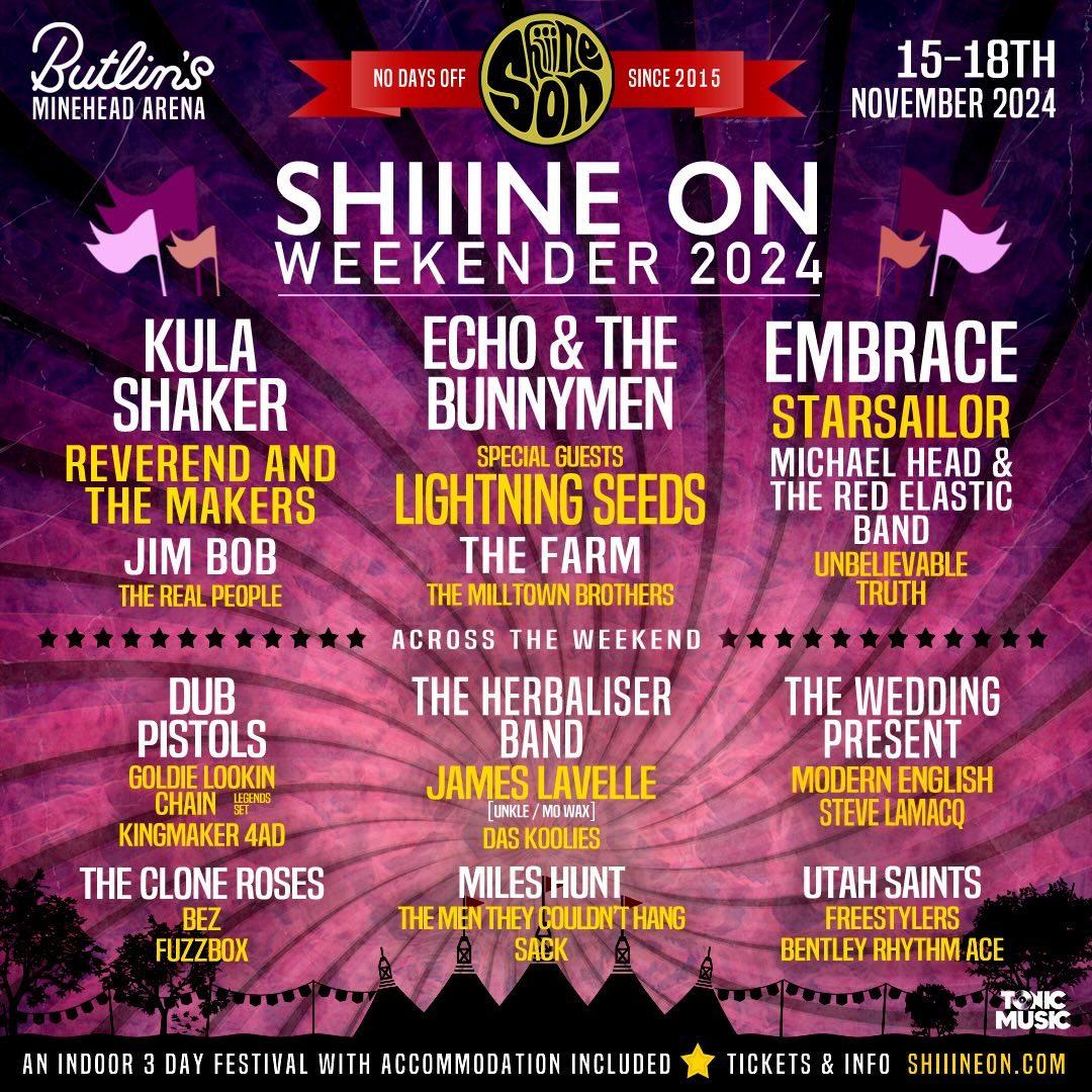 We’re thrilled to announce that we will be headlining the second day of this years brilliant @ShiiineOn_ Festival at Butlins, Minehead Arena on 15th - 18th November. Tickets available via Bunnymen.com #shiiineon24