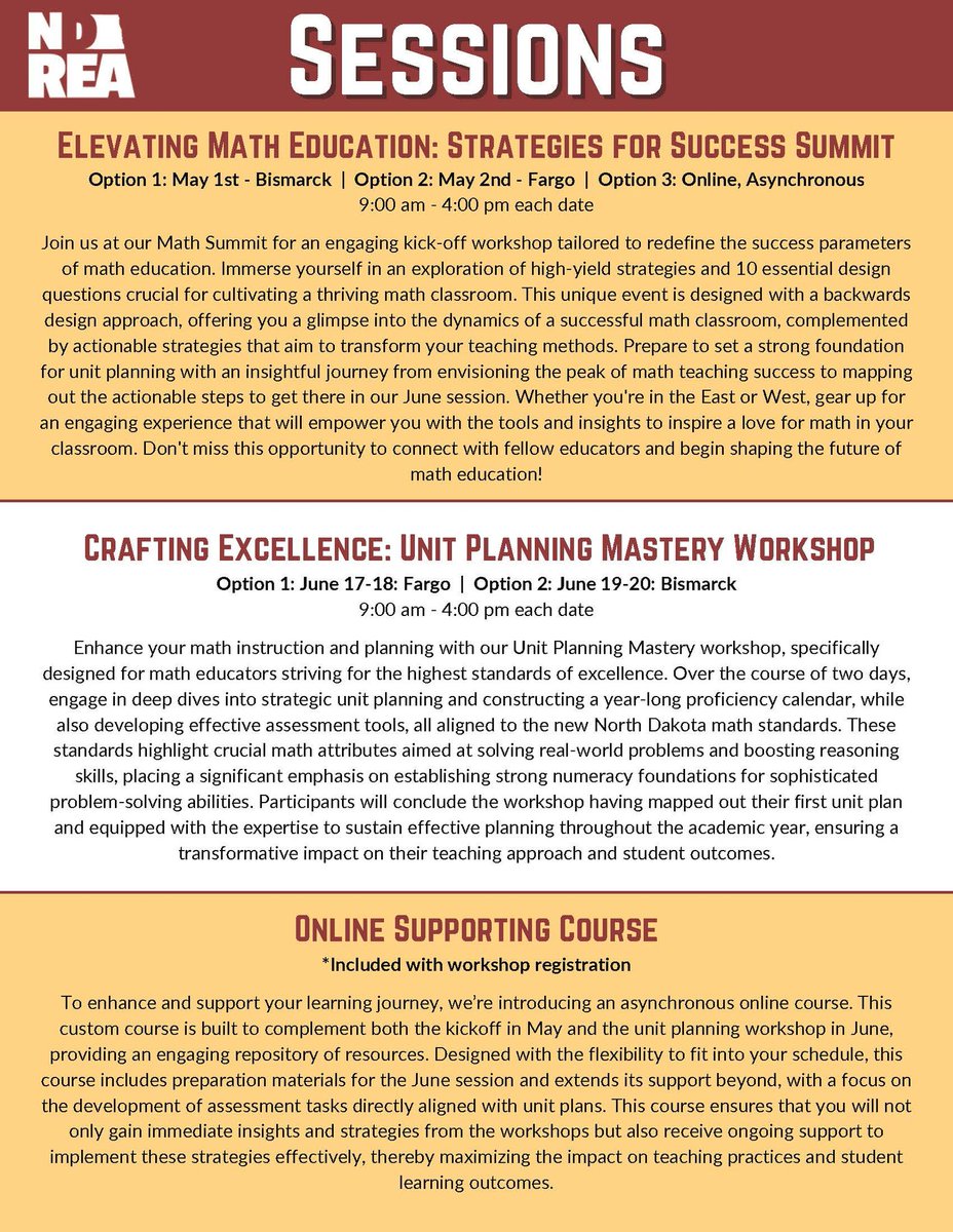 Announcing Driving Math Success Through Intentional Unit Planning! Audience: K-12 Math educators. Supported by NDDPI, this series is part of NDREA’s work to assist schools in enhancing Effective Math Instruction across the state. ndrea.org/index.php?id=1…