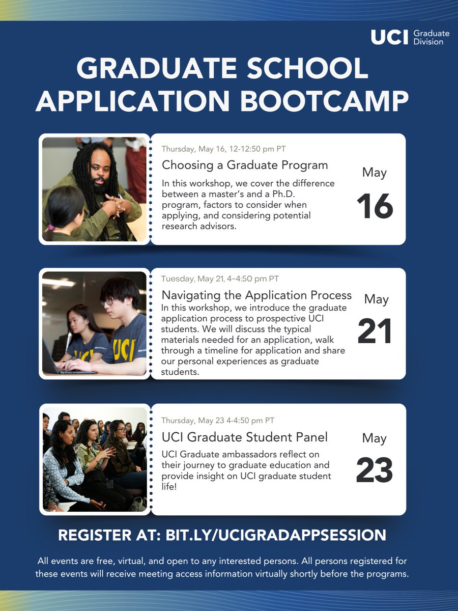 Got questions?! We've got answers! Join us during our Grad Ambassador Boot Camp, starting in May

Register at: bit.ly/ucigradappsess…

#UCIGradLife