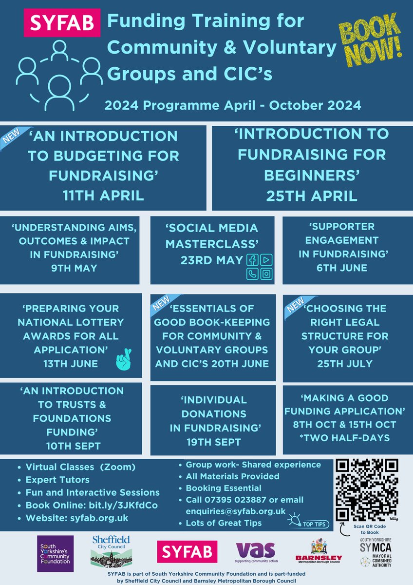 Our popular funding training is open for bookings. We can also deliver bespoke funding training for your organisation if required. Please get in touch. enquiries@syfab.org.uk Check our website for dates and prices syfab.org.uk