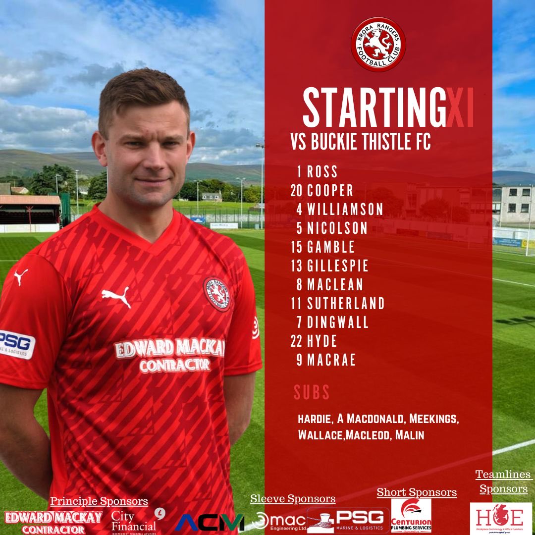 Here is the Brora Rangers team to face Buckie Thistle at Lossiemouth tonight.