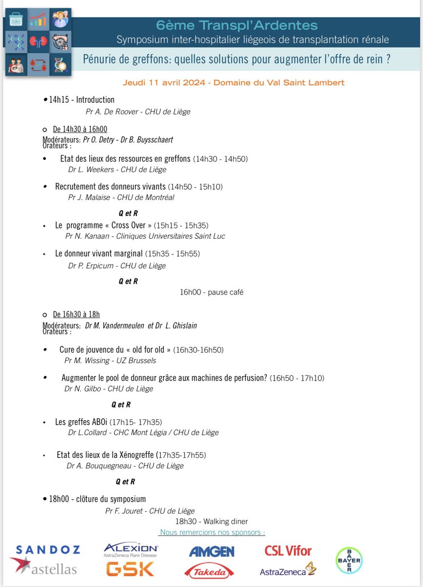 C’est demain 🎉 ! Symposium Transpl’Ardentes ⁦<a href="/CHULiege/">CHU de Liège</a>⁩ au Val Saint-Lambert : brainstorming 🤯 à la recherche de solutions face à la pénurie d’organes en Transplantation Rénale… Merci déjà aux orateurs 🙏 ⁦<a href="/BSNrenal/">BVNSBN</a>⁩ ⁦<a href="/GNFB_be/">GNFB</a>⁩