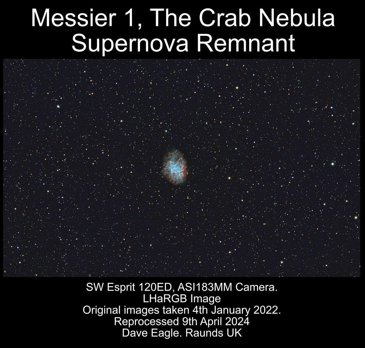 More reprocessing of real data. The Crab nebula in the constellation of Taurus. The remains of a star that went supernova (Literally blew itself apart) in 1054, which was witnessed and recorded by Chinese astronomers. This is 6,500 light years from Earth.
