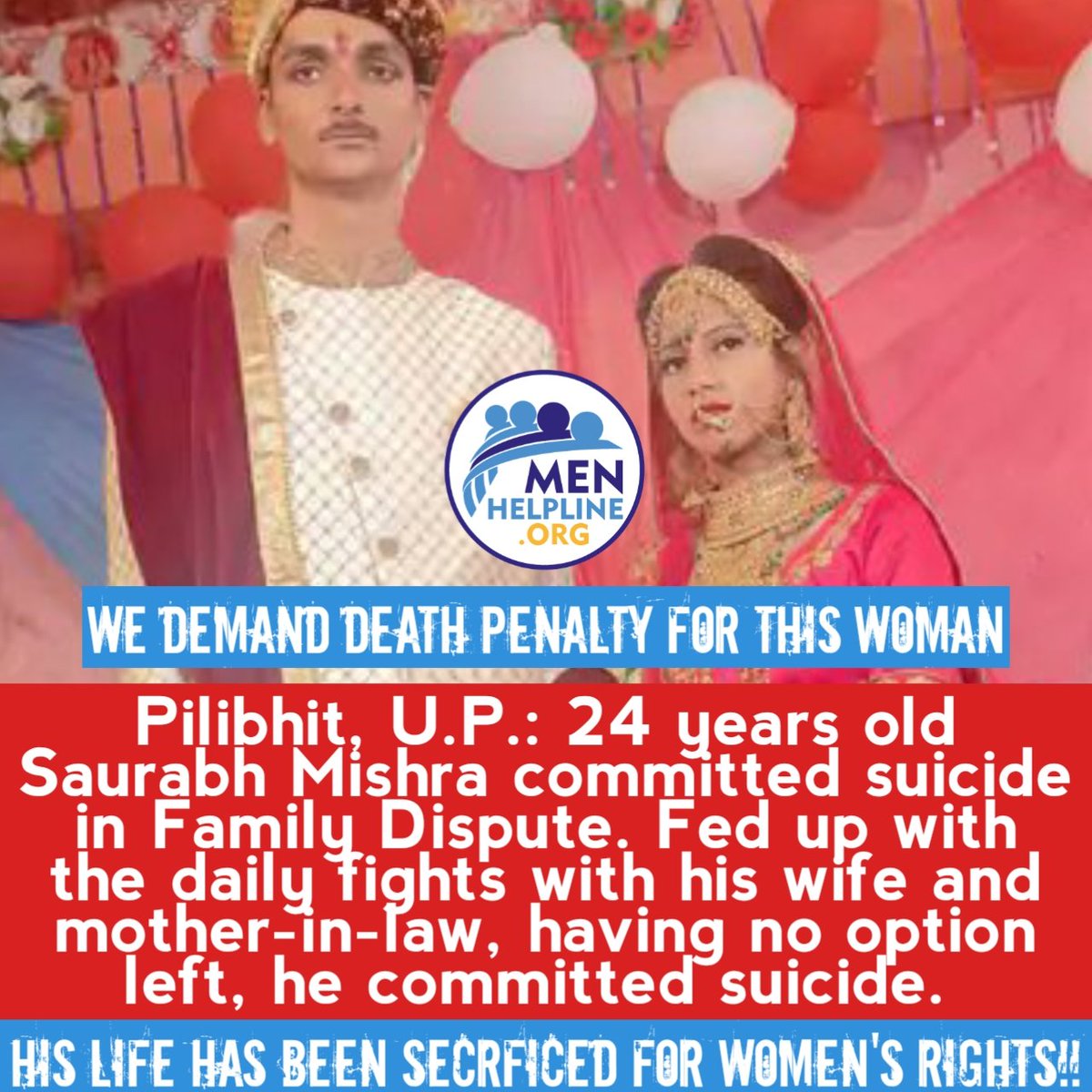 Every third men who has committed suicide has been secrficed for #womenrights

Family becoming unsafe please for men.

A young husband, 24 years old #SaurabhMishra committed #suicide in #FamilyDispute. 

#domesticviolence kills men.
#menhelpline #FalseCase #LokSabaElection2024