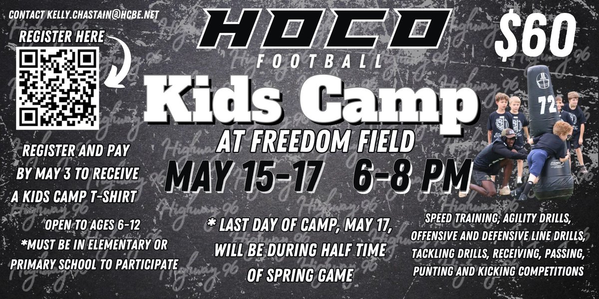 HOCO KIDS CAMP 🏈 Get signed up using QR code. Campers will be involved in 2024 Spring Game!! 🔥🔥