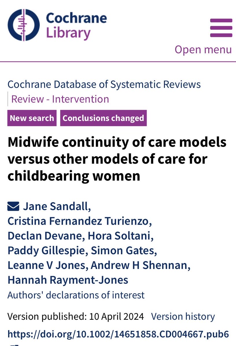 doi.org/10.1002/146518… This out today. Updated evidence confirms benefits of midwife continuity models. Previous findings of reduced preterm birth/ baby loss no longer seen with new updated evidence. Women have a positive experience & fewer CS. Most other outcomes equivocal.