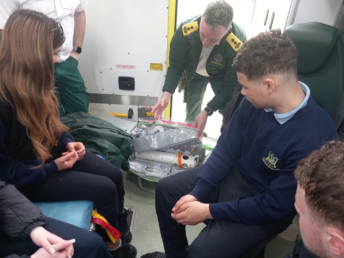 Barry Flynn and Brendan Clerkin both took time today to visit Ms Youngs 5th LCA Science class. They arrived in an ambulance and allowed the students to sit into it while they described what their job entails. The class found the talk and ambulance experience very interesting