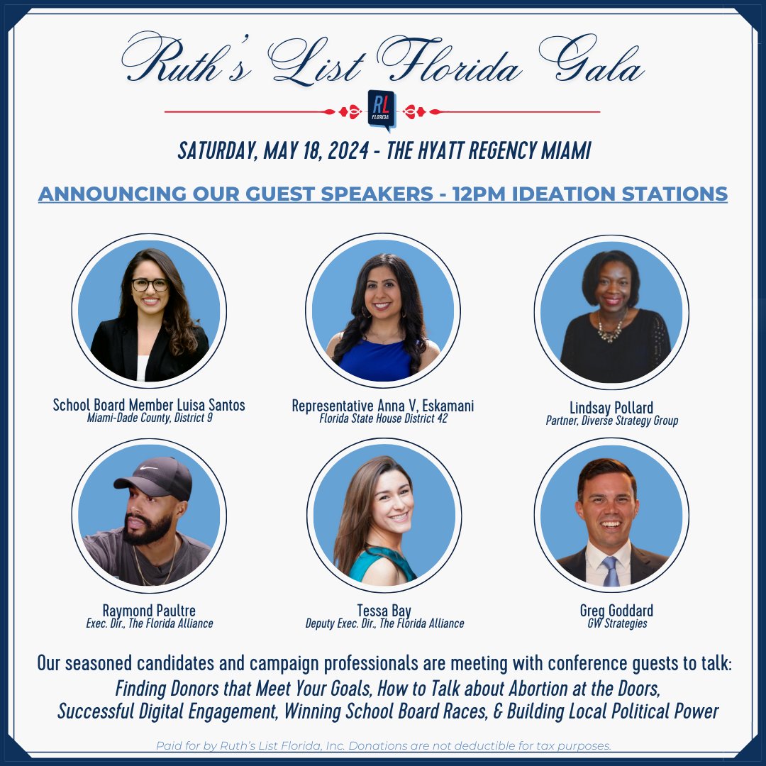 🚨GALA NEWS🚨 Announcing our “Ideation Station” guest speakers! We’ve assembled a team of Democratic campaign experts to work with guests in groups on their campaign fundraising, field, digital, and comms strategies. Visit RuthsListFL.org/Conference to sign up!