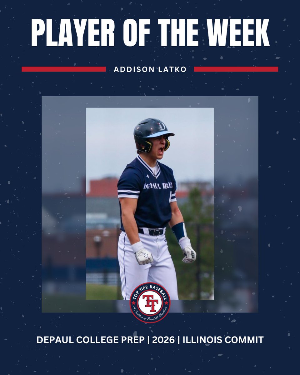 High School Player of the Week: Addison Latko Last week, Latko went 8-for-12 at the @prepbaseball Spring Break Experience. These eight knocks included a homer, a double, five RBI and three stolen bases. @addisonlatko73 | @DePaulPrepBSBL