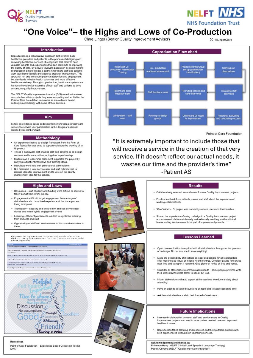 Excited to be sharing my #Quality2024 #coproduction poster tomorrow @QualityForum in #London. 
Come and have a look 👀 
Poster Zone 1 - People
Poster Board 59
@nelftqis @PointofCareFdn