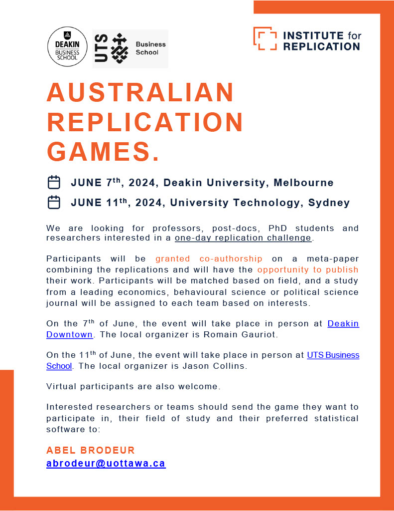 Still looking for more economists, psychologists and social scientists to join our Melbourne and Sydney reproducibility events!! Register here for Melbourne: surveymonkey.ca/r/I4R_Deakin_G… And here for Sydney: surveymonkey.ca/r/I4R_Sydney_G…