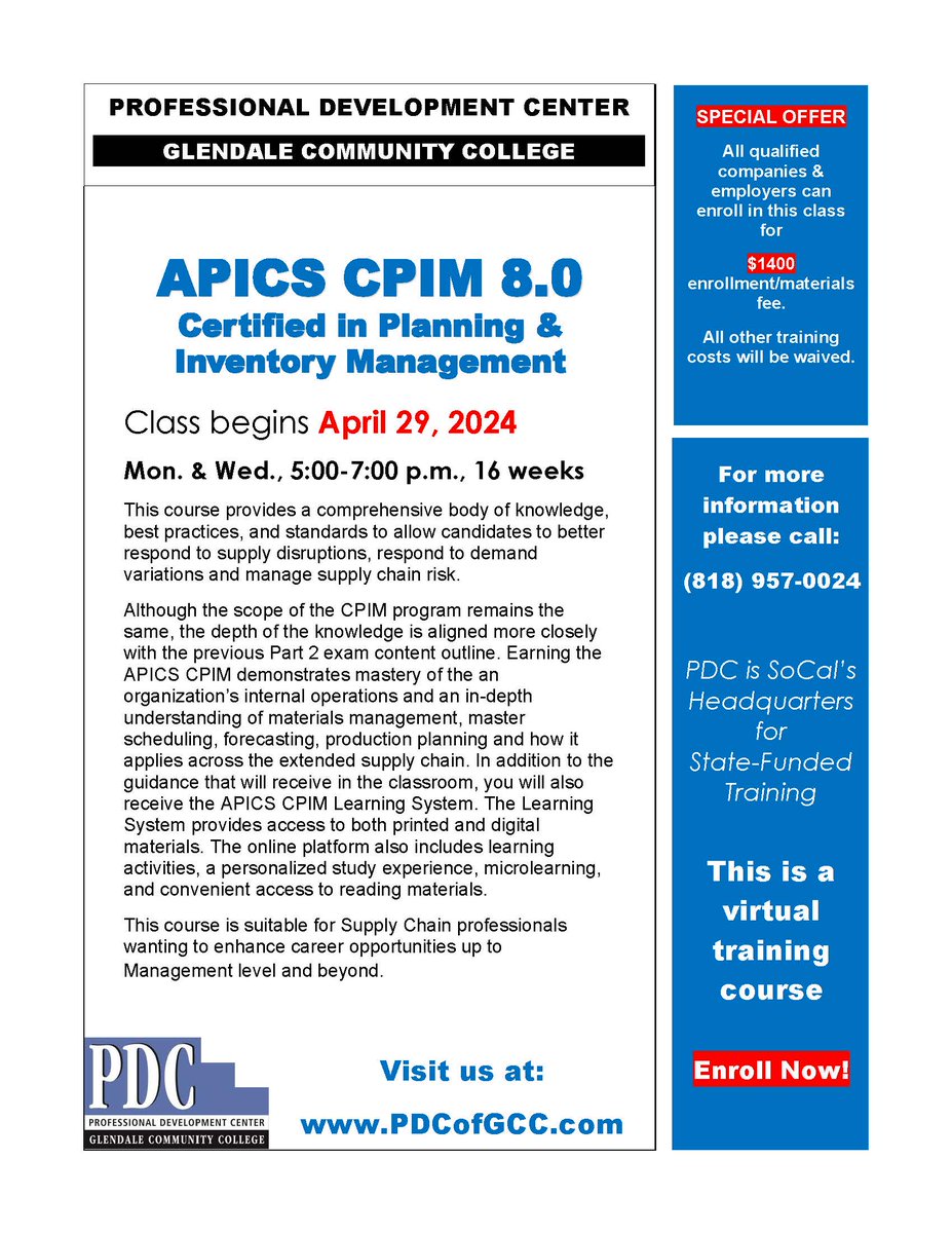 #APICS CPIM 8.0 Certified in Planning & Inventory Management #trainingcourse starts on April 29, 2024. Contact us today for more information and enrollment in this course.