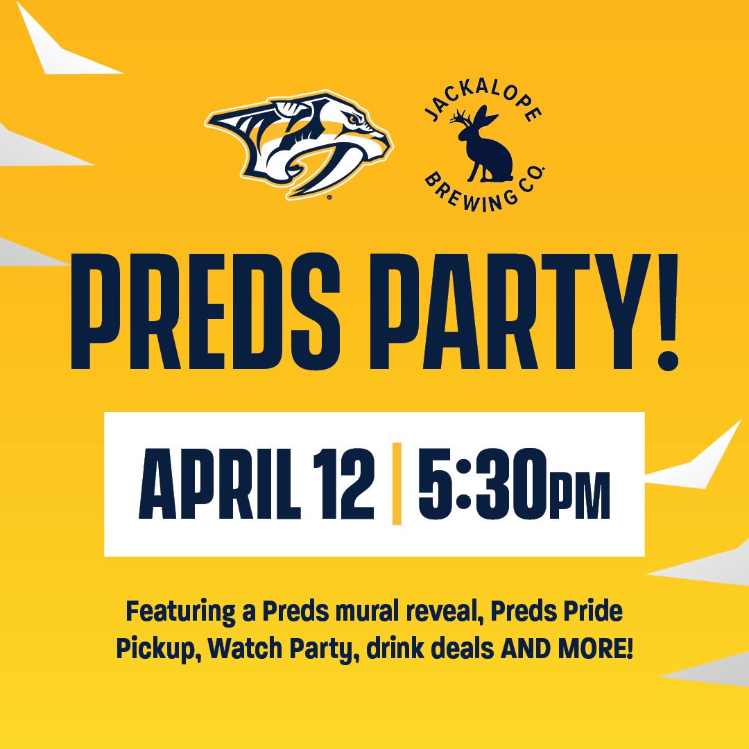 Jackalope Brewing Co. (@jackalopebrew) on Twitter photo The Nashville Predators are headed to the PLAYOFFS! 🍻🎉 Join us at @JackalopeTaprm this Friday April 12th for a celebratory PREDS PARTY with the <a href="/PredsFoundation/">Nashville Predators Foundation</a> featuring a Preds Beer mural reveal, Preds Pride Pickup, Watch Party + more! The Nashville Predators are headed to the PLAYOFFS! 🍻🎉 Join us at @JackalopeTaprm this Friday April 12th for a celebratory PREDS PARTY with the <a href="/PredsFoundation/">Nashville Predators Foundation</a> featuring a Preds Beer mural reveal, Preds Pride Pickup, Watch Party + more!