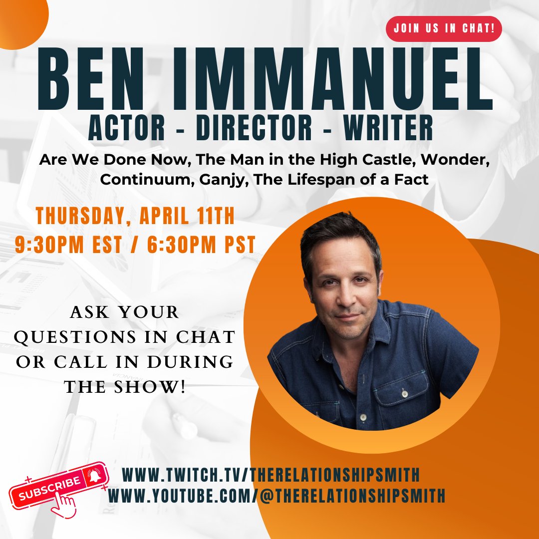 Thursday, April 11, at 6:30 pm, #director #actor #screenwriter #producer #teacher Ben Immanuel is a guest on @relationshipsmith to talk @KindredEnt production #thelifespanofafact May 2 - 12 in #Vancouver, @haven_studio his new production in development #AreWeDoneNow? & more