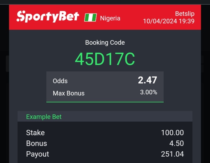 2.47 odds on sportybet rush this game because is sure going to boom 💥