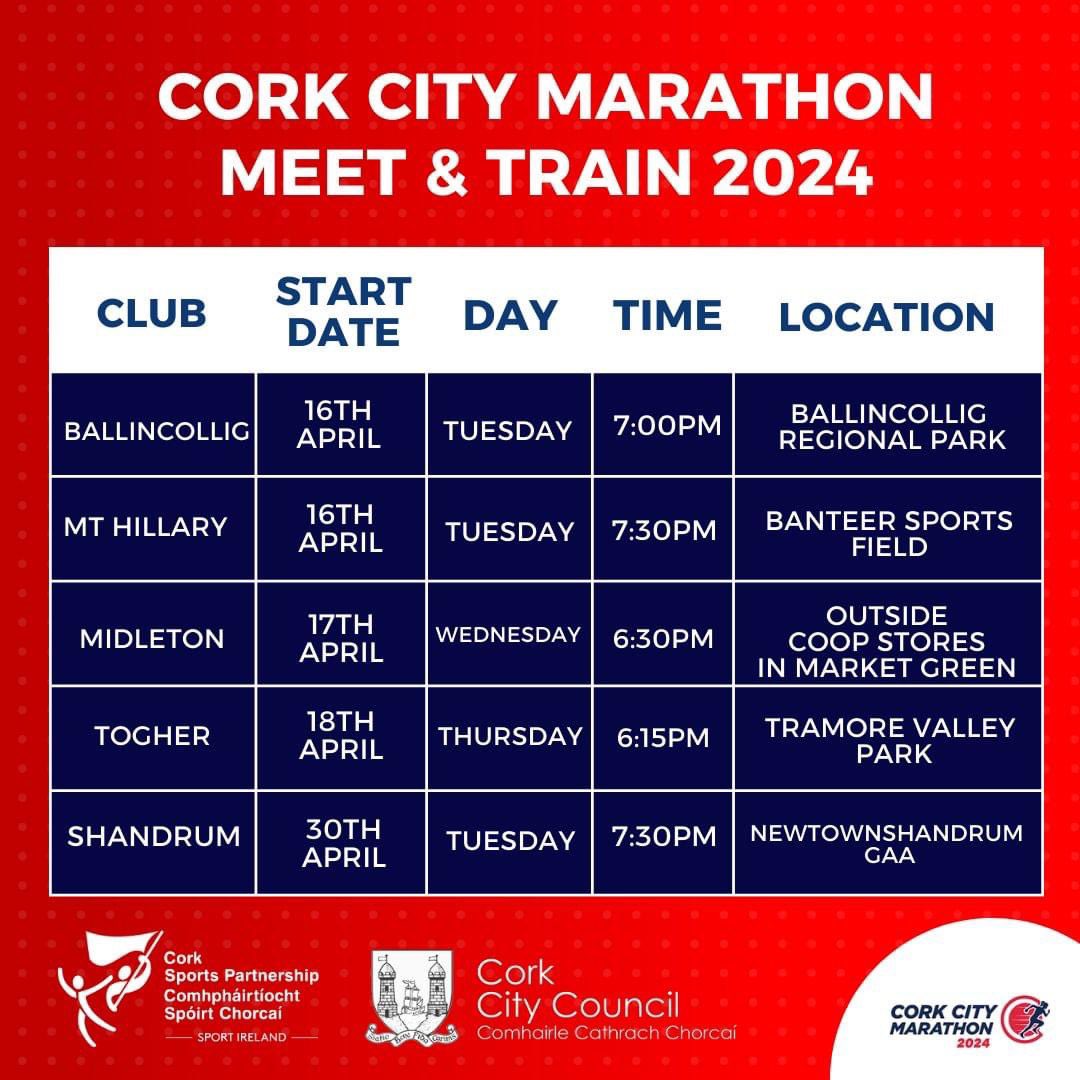 🤩🏃 Meet & Train Programmes 2024 🏃🏻‍♀️ 👏 Free 4 week social running programme for all levels! ⏳ Limited places remaining ⌛️ 📍 @TogherAC 📍 @BallincolligAC 📍 @ShandrumAC 📍 @MtHillaryAC 📍 #MidletonAC 🎟 corksports.ie/latest-news/me…