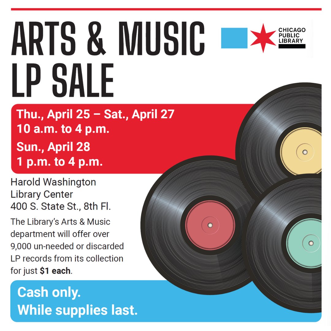 Save the date! The Harold Washington Library Center's Arts &amp; Music department will offer over 9,000 un-needed or discarded #LP records from its collection for just $1 each.  Cash only. While supplies last. 8th Floor. Starting April 25, 1 - 4 PM. More: bit.ly/1lpsale